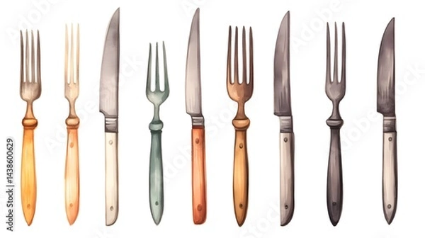 Obraz Hand drawn watercolor illustration of a knife and fork set for professional designs