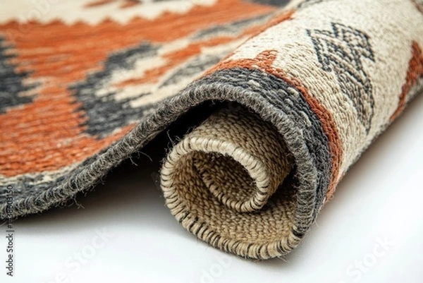 Fototapeta A rolled-up rug with intricate geometric patterns in earthy tones of orange, gray, and beige.