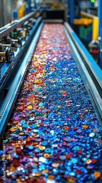 Obraz Colorful plastic caps on conveyor belt