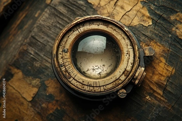 Fototapeta Close-up of an antique camera lens, showcasing its aged brass and worn details on a rustic wooden background.