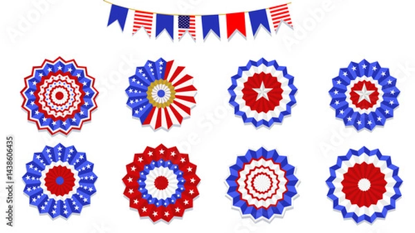 Obraz Set of patriotic red white blue rosettes with stars and stripes for independence day