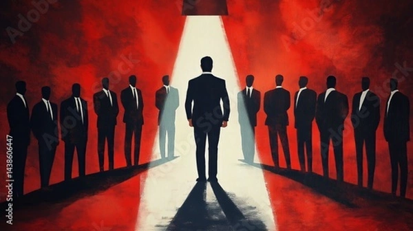 Fototapeta Authoritative Businessman Under Spotlight Surrounded by Corporate Figures – Abstract Illustration Symbolizing Leadership, Decision-Making, and Power in a Dramatic Red Setting