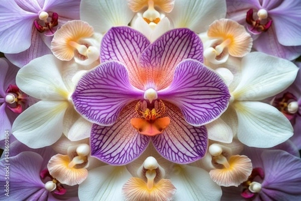 Fototapeta A vibrant close-up reveals the intricate beauty of several orchids, showcasing their delicate petals and contrasting colors with stunning detail.