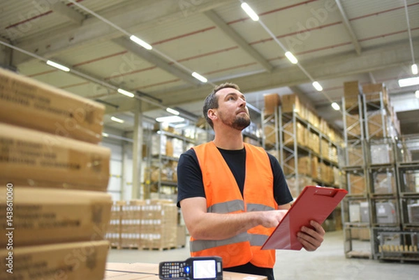 Fototapeta friendly warehouse worker in a warehouse with the barcode scanner