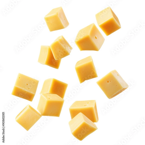 Obraz Gouda Cheese Cubes Falling Midair Crisp  isolated on a transparent background