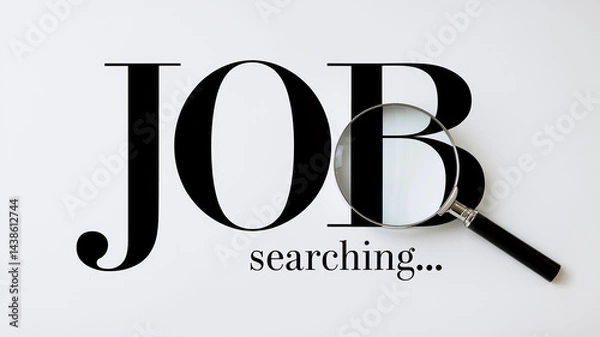 Obraz Black stylized word JOB, magnifying glass over letter B, text searching below, white background, symbolizing job search process