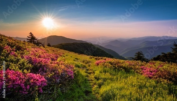 Fototapeta a beautiful and colorful spring morning on grassy ridge in the roan highlands on the border of tennessee and north carolina along the appalachian trail