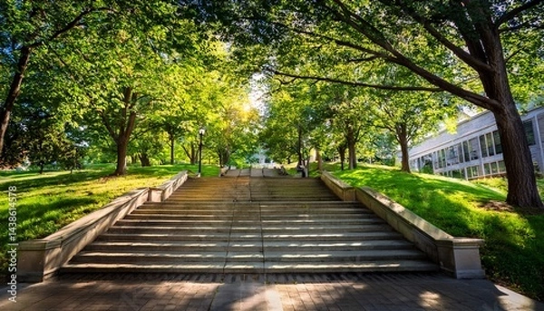 Fototapeta alley with stairs in park in the campus of penn state university in summer sunny day state college pennsylvania