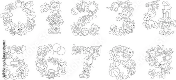 Fototapeta Funny numbers made from toys and cute baby animals, for preschool education, a set of black and white vector cartoon illustrations for a coloring book