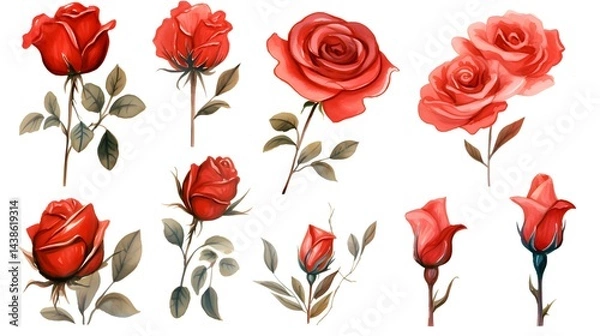 Obraz Professional hand-drawn watercolor illustration set of red roses for various design projects