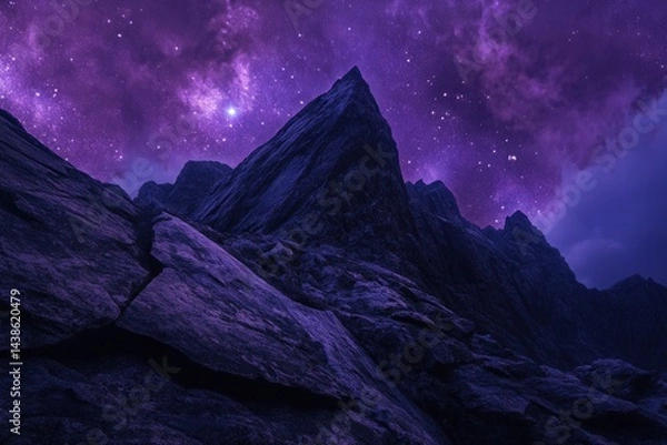 Fototapeta A mountain range covered in purple rocks with a purple sky above. The sky is filled with stars and a bright star is visible