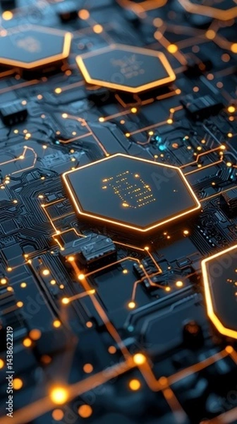 Obraz Glowing circuit board, abstract technology close-up