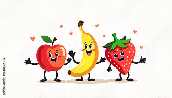Fototapeta Funny fruit characters smiling together in colorful design, joy