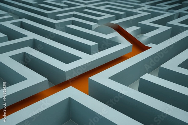 Fototapeta Blue maze with orange path showcasing problem-solving, navigation, and finding solution concept