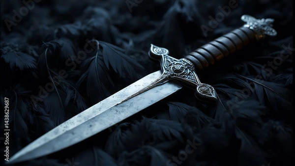 Fototapeta moonlit dagger with a silver hilt, resting on a bed of black feathers with a faint aura

