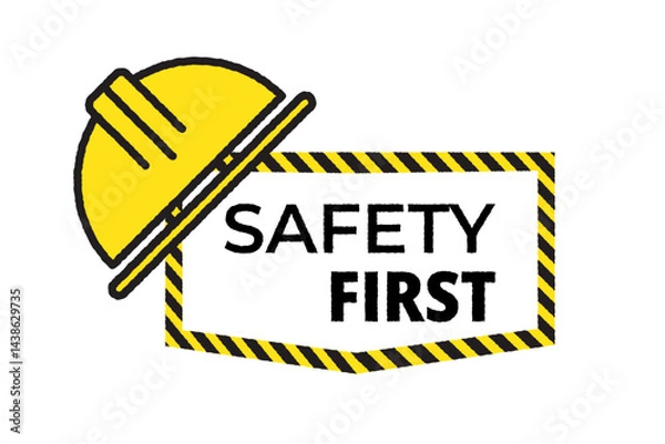 Fototapeta Safety first icon with caution sign and helmet. Construction vector for industrial protection, warning, and workplace security.
