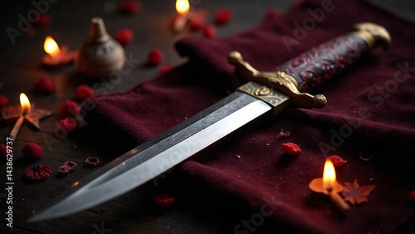 Fototapeta ceremonial dagger with a jeweled handle, resting on a dark velvet cloth surrounded by incense

