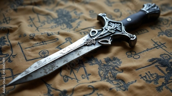 Fototapeta A tarnished silver dagger with intricate engravings on the hilt, resting on a cloth covered in arcane runes

