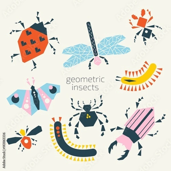 Fototapeta Set of vector insects. Simple geometric shapes, bright colors.