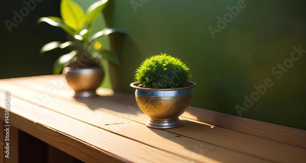 Obraz Sunlit Wooden Tabletop with Small Potted Plants Ideal for Home Decor or Interior Design Blogs