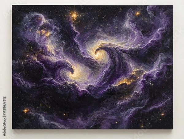 Fototapeta luxurious galaxy wall art design, rich nebula clouds swirling in deep space, elegant tones of charcoal grey and royal purple, infused with glowing golden accents and cosmic dust