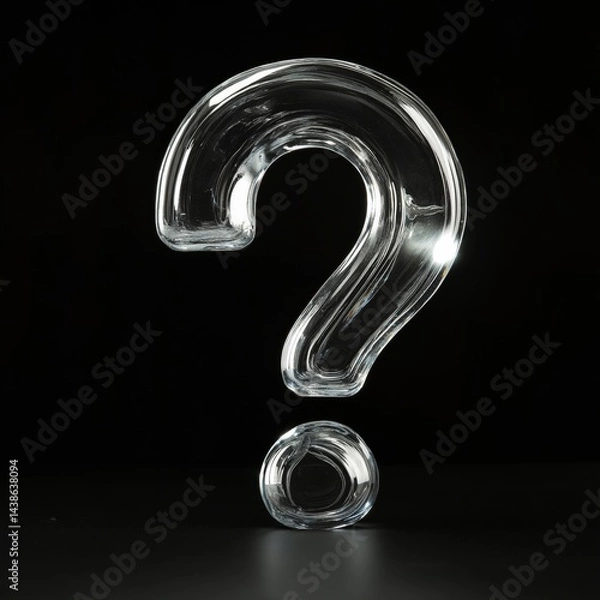Fototapeta A transparent glass question mark on sleek, reflective black surface