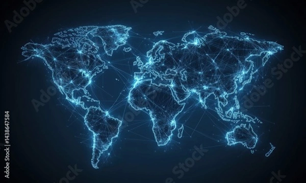 Fototapeta Digital world map with glowing connections and network lines representing global communication