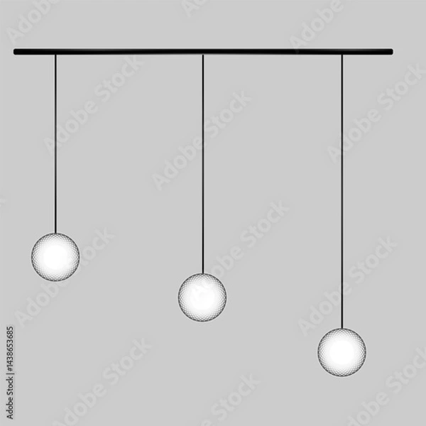 Fototapeta Three spherical pendant lights with patterned surface hang on black cords fixed on black horizontal rod on gray background. EPS10 vector illustration.