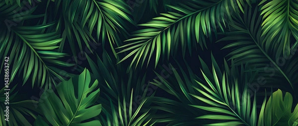 Fototapeta Dark green seamless pattern with palm leaves, vector illustration.