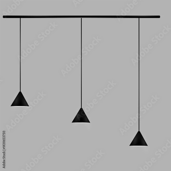 Fototapeta Three black conical pendant lights hang at different heights on a horizontal rod against a gray background. The lights have a minimalist design. EPS10 vector illustration.