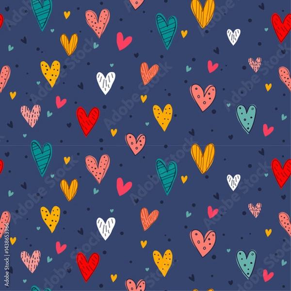 Fototapeta Vibrant pattern features a multitude of hand-drawn hearts in various colors and styles against a deep blue background. The hearts are filled with different patterns.