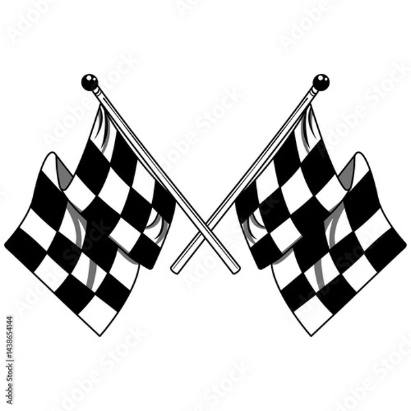 Fototapeta Two black and white checkered flags are crossed in the center of the image. The flags are waving in the wind, creating a sense of motion and excitement.