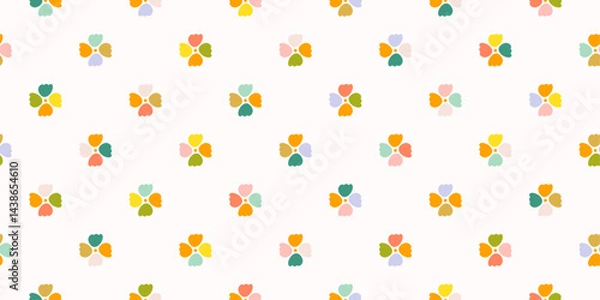 Fototapeta Seamless pattern of stylized flowers on a white background. The flowers are composed of five petals each, with a central yellow circle.