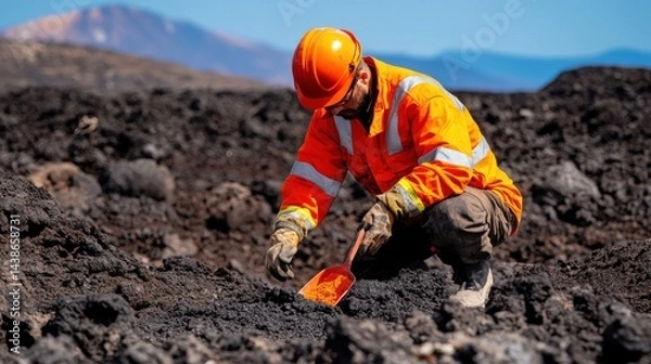 Obraz Geologist Collecting Volcanic Rock Samples on a Volcanic Landscape