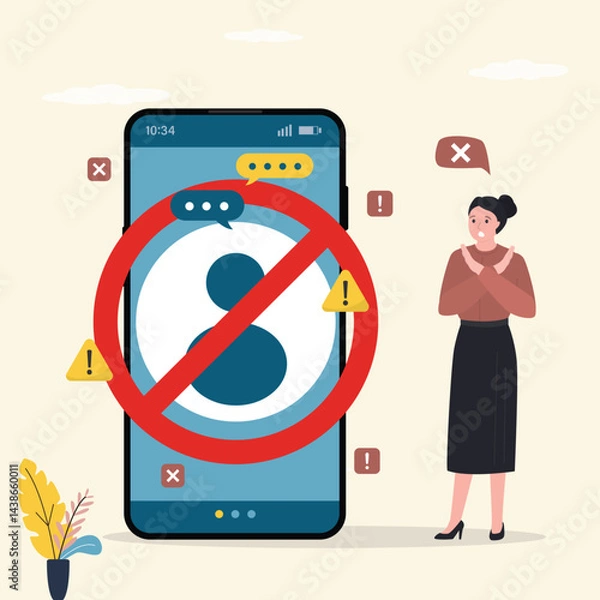 Fototapeta Angry woman blocked unknown profile in social network or messenger. Smartphone with blocked user account, privacy in social media. Blocking disturbing and annoying accounts.