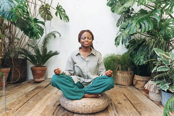 Fototapeta A woman is immersed in meditation in a calm and serene environment of an inner garden in order to gain awareness and peace.