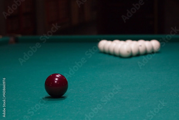 Obraz Russian billiards:  red and white balls on green game table