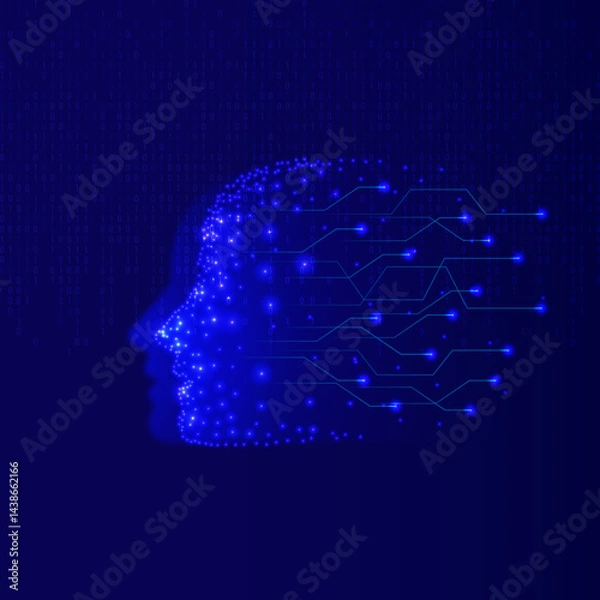 Fototapeta Digital AI human head with data network