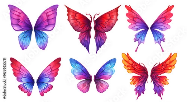 Fototapeta A collection of six colorful butterfly wings in various shades on a black background art design on transparent background