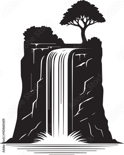 Fototapeta Minimalist Waterfall Silhouette with Cliff and Trees Isolated on White Background Vector Illustration Art