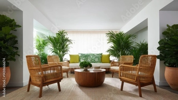 Fototapeta Modern living room with a large window on the right side. the window has white blinds and is covered with a white curtain. the room is decorated with large potted plants on both sides of the window.