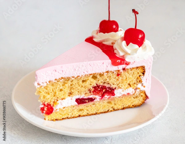 Fototapeta Slice of strawberry or cherry cake with whipped cream and cherries on top. AI