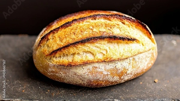 Obraz   A loaf of bread on a paper-covered stone slab with a knife protruding