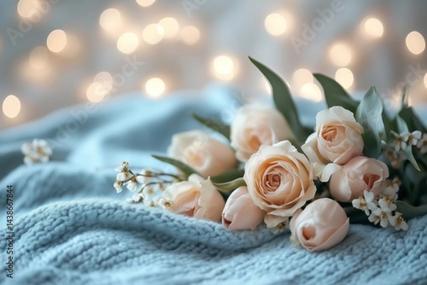 Fototapeta Beautiful Bouquet of Pale Roses and Blossoms on Cozy Blanket With Soft Lights in Background