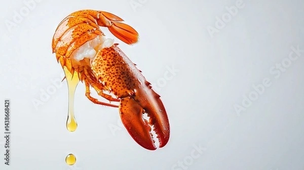 Obraz   A close-up of a lobster flying in the air with a drop of oil on its back against a white background
