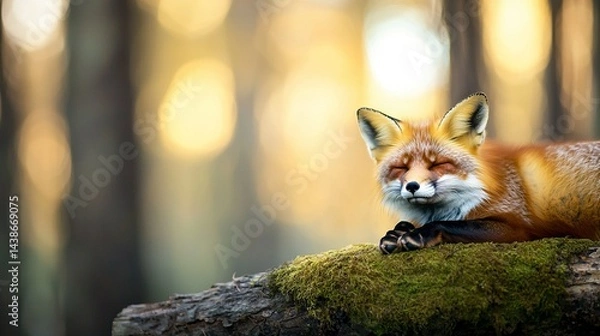 Obraz   A red fox rests atop a mossy log in the heart of the forest with its eyes shut