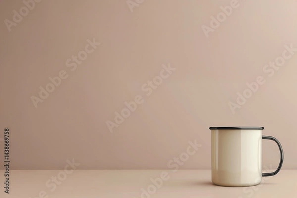 Fototapeta Mock-up de tasse blanche en métal émaillé avec anse noire sur fond beige uni avec espace négatif copyspace, concept minimaliste pour design de produit, branding ou présentation de boisson chaude.
