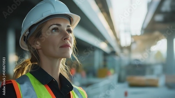 Fototapeta Confident female construction manager wearing hard hat and safety vest observing ongoing project site with determination and focus on future development goals