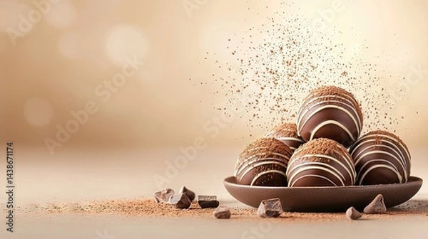 Fototapeta   A bowl of truffles filled with melted chocolate and a heap of broken chocolate on a table