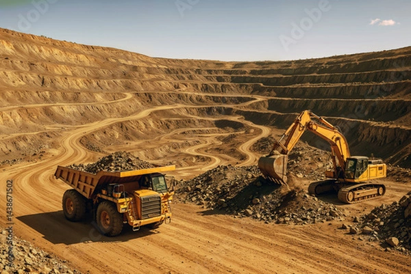 Obraz Yellow mining excavator and heavy haul truck working together in large open pit quarry under bright afternoon sunlight